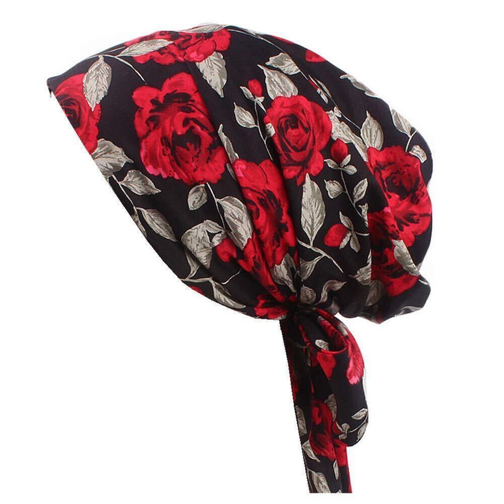 4988 Vintage Cotton Scarf Chemo Cap Bowknot Turban Hair Loss Hat Red Rose